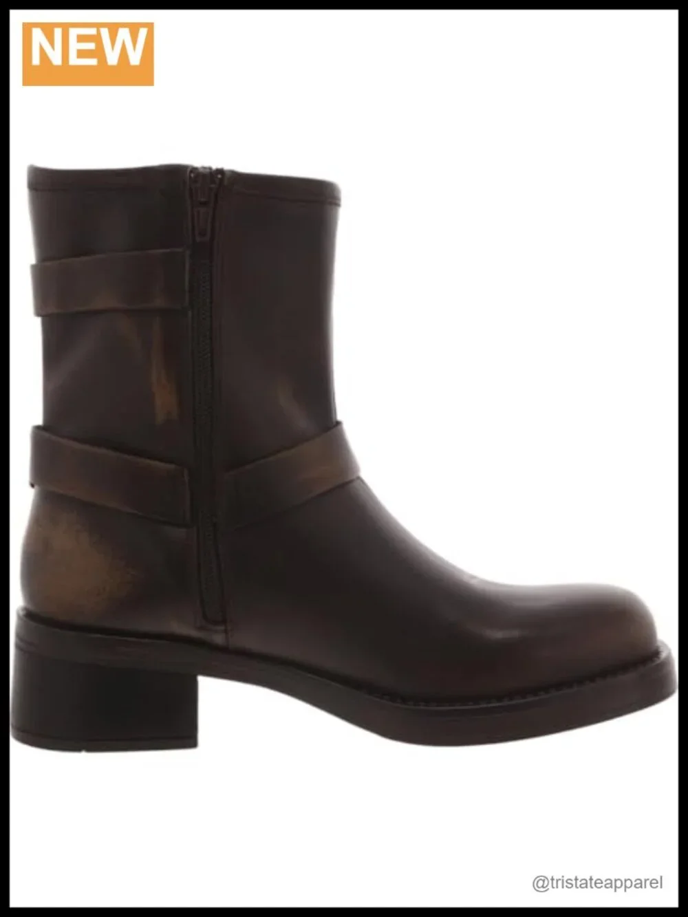 Women's Motorcycle Boots Distressed Leather Harness Zip Ankle Bootie